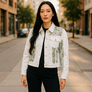 Ashley Stewart Jacket Womens 26/28 White Embroidered Floral Sheer Mesh Denim NWT